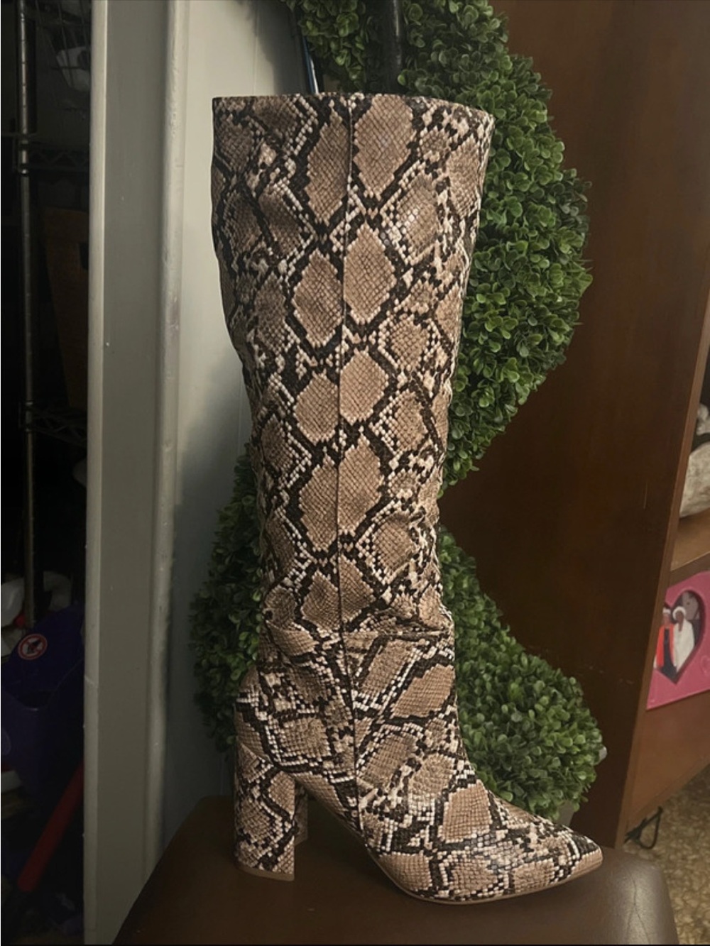 Snake-Print Knee High Fashion Boots - Brown